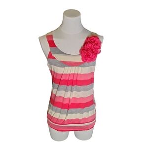 Vintage Y2K Finesse Pink Gray Striped Stretchy Tank Top Large Flower Size Medium